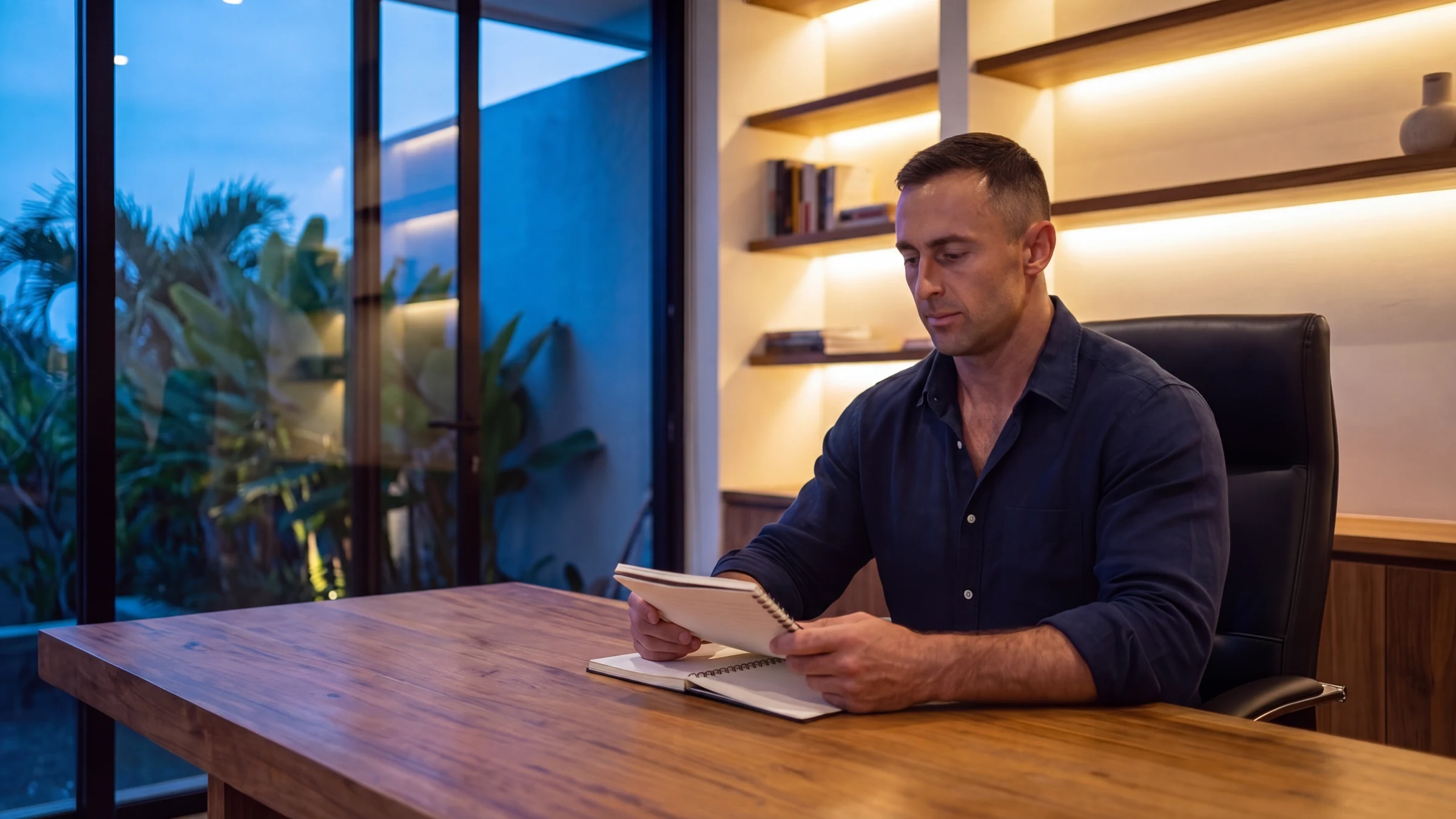 Spencer Tarring working at his desk in a Bali villa at blue hour