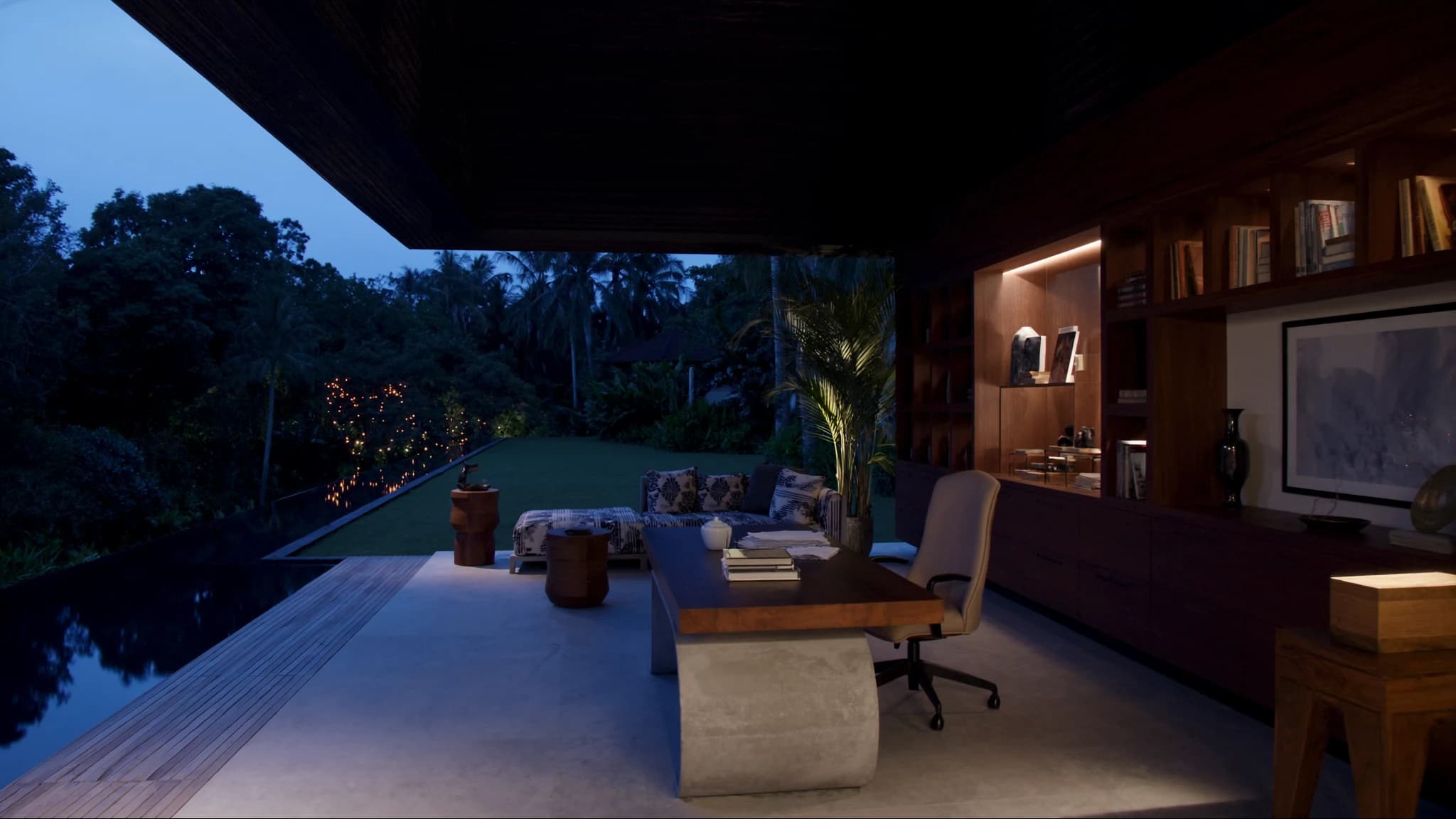 Illustrative high-end Bali villa office at blue hour